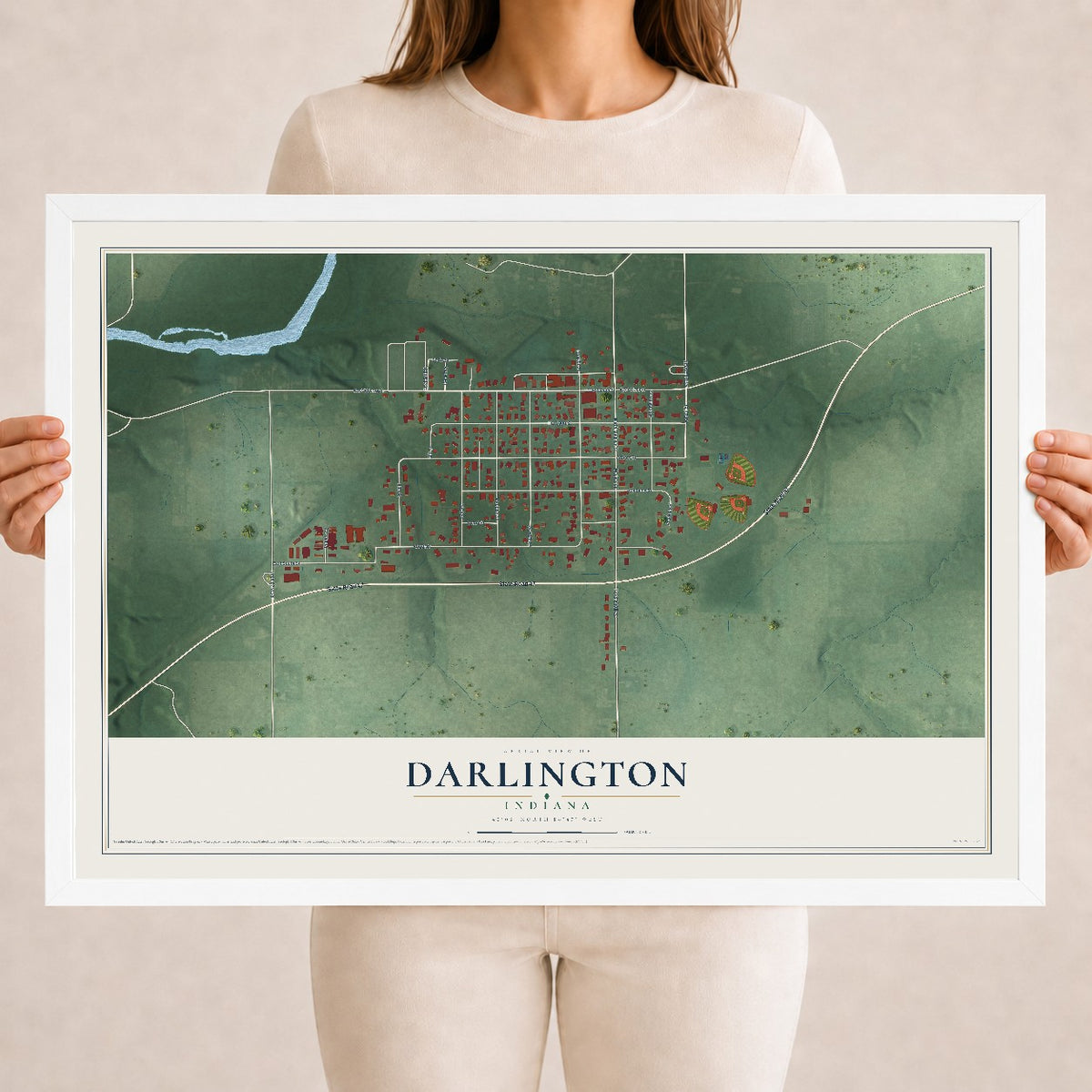 Map of Darlington, Indiana, 18 x 24 inch print in a white wood frame