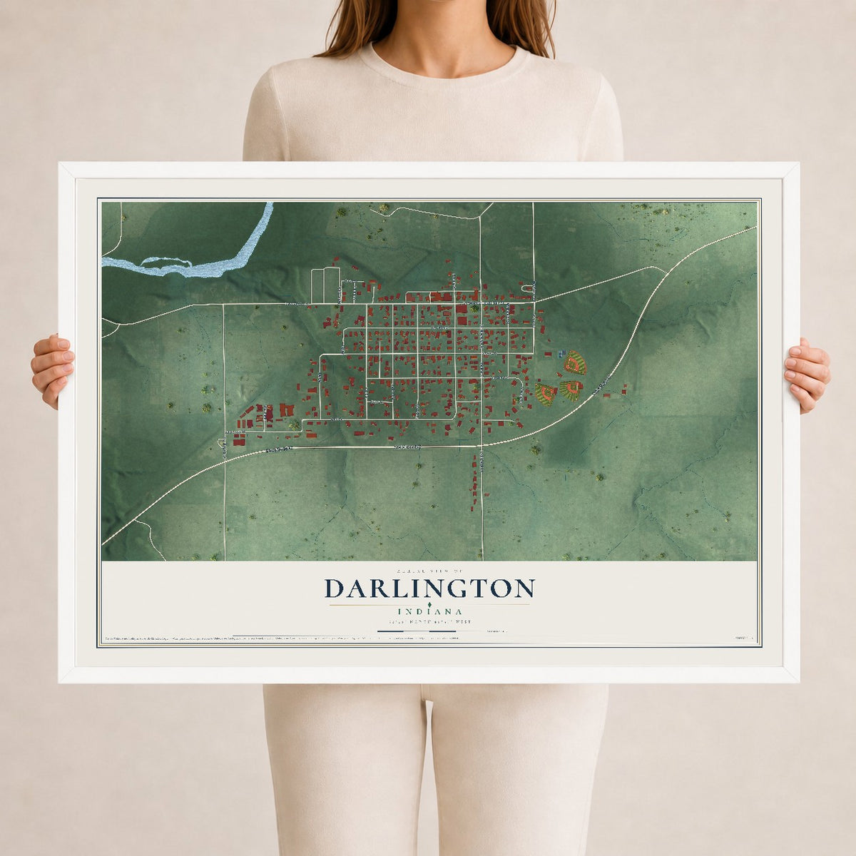 Map of Darlington, Indiana, 24 x 36 inch print in a white wood frame