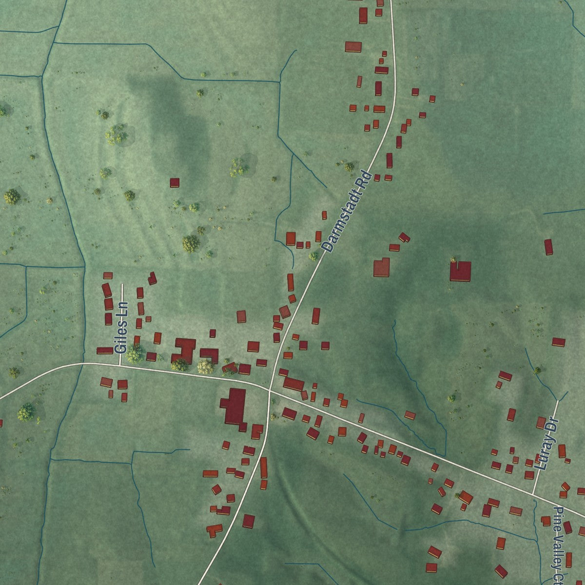 Second close-up of the map of Darmstadt, Indiana print showing more streets and buildings