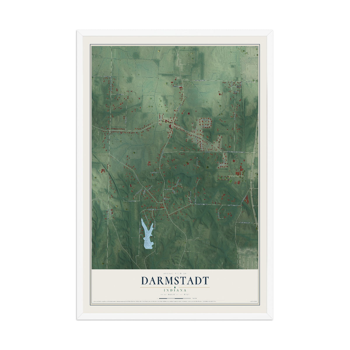 Map of Darmstadt, Indiana, 12 x 18 inch print in a white wood frame