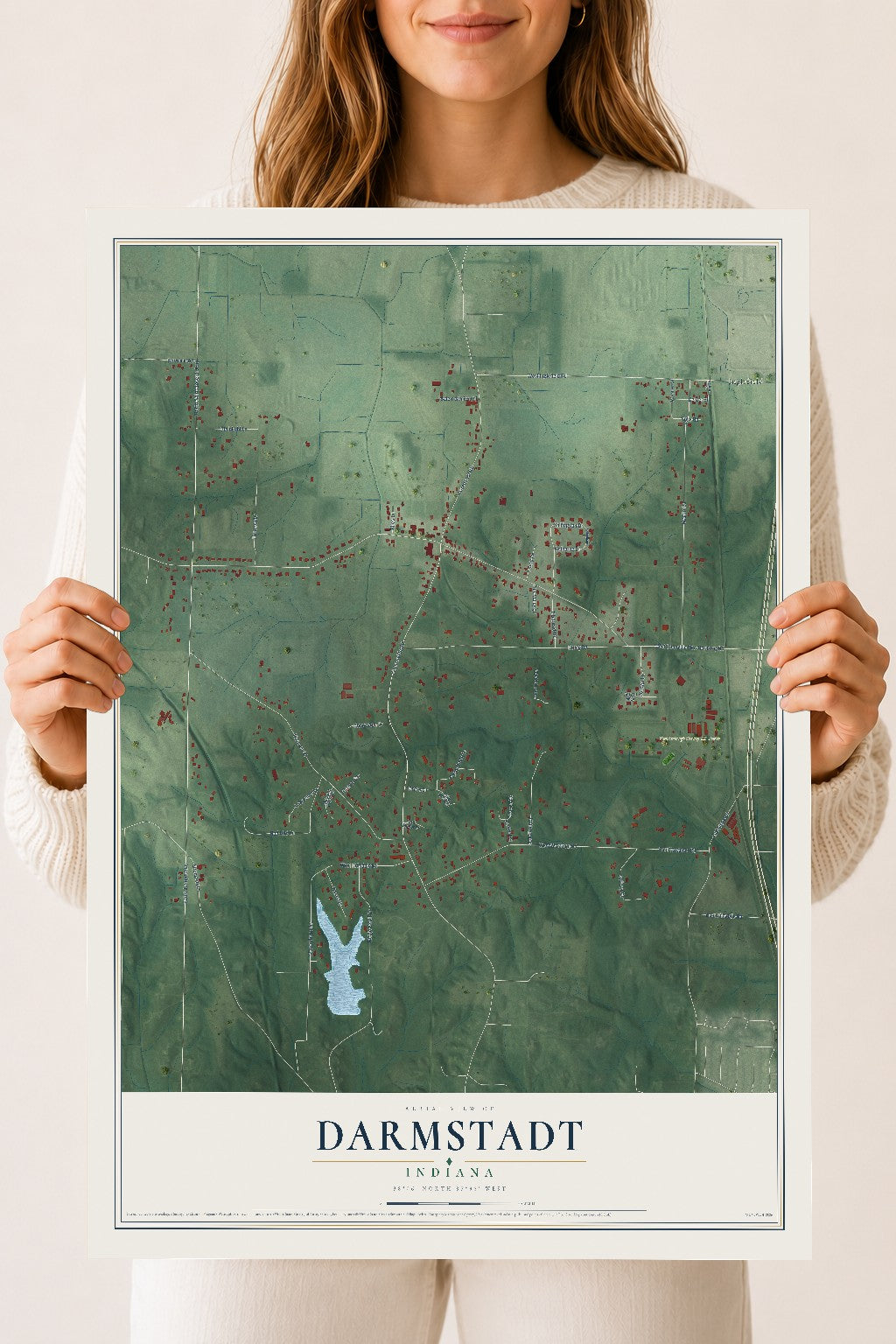 Map of Darmstadt, Indiana, 18 x 24 inch unframed archival matte print