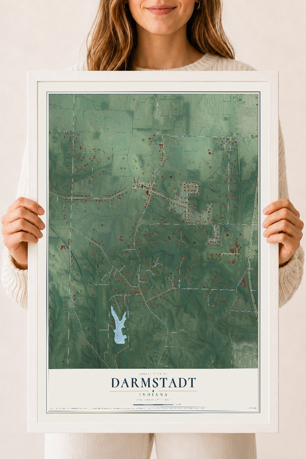 Map of Darmstadt, Indiana, 18 x 24 inch print in a white wood frame