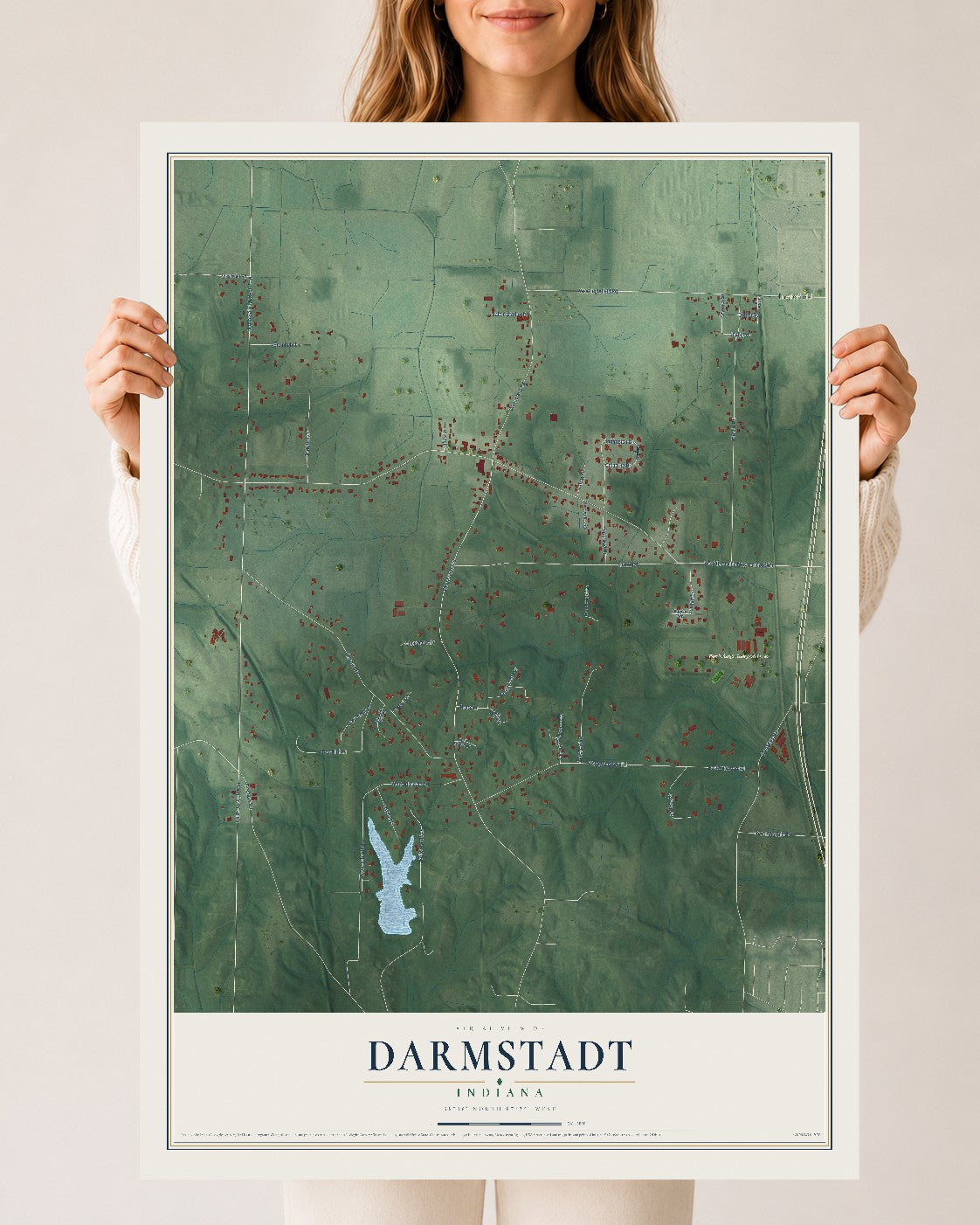 Map of Darmstadt, Indiana, 24 x 36 inch unframed archival matte print