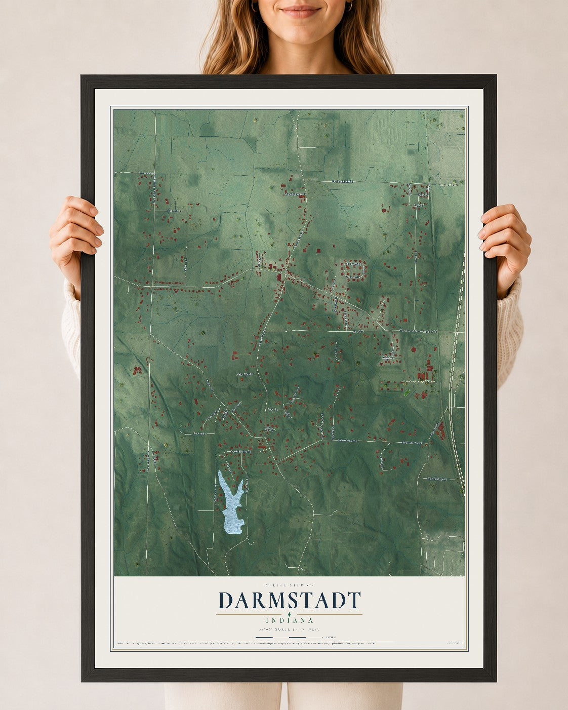 Map of Darmstadt, Indiana, 24 x 36 inch print in a black wood frame