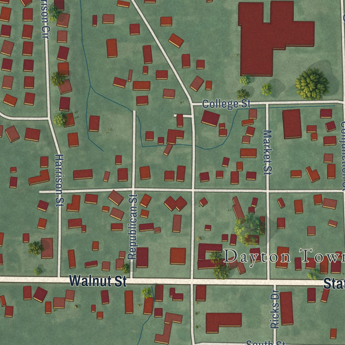 Close-up of the map of Dayton, Indiana print showing street and building detail