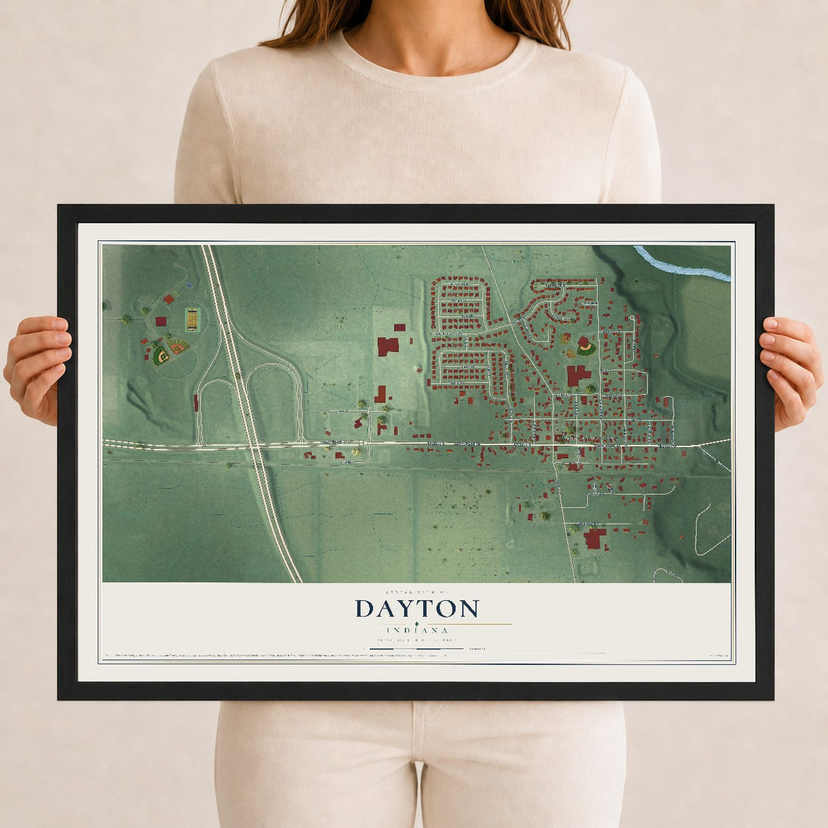 Map of Dayton, Indiana, 12 x 18 inch print in a black wood frame