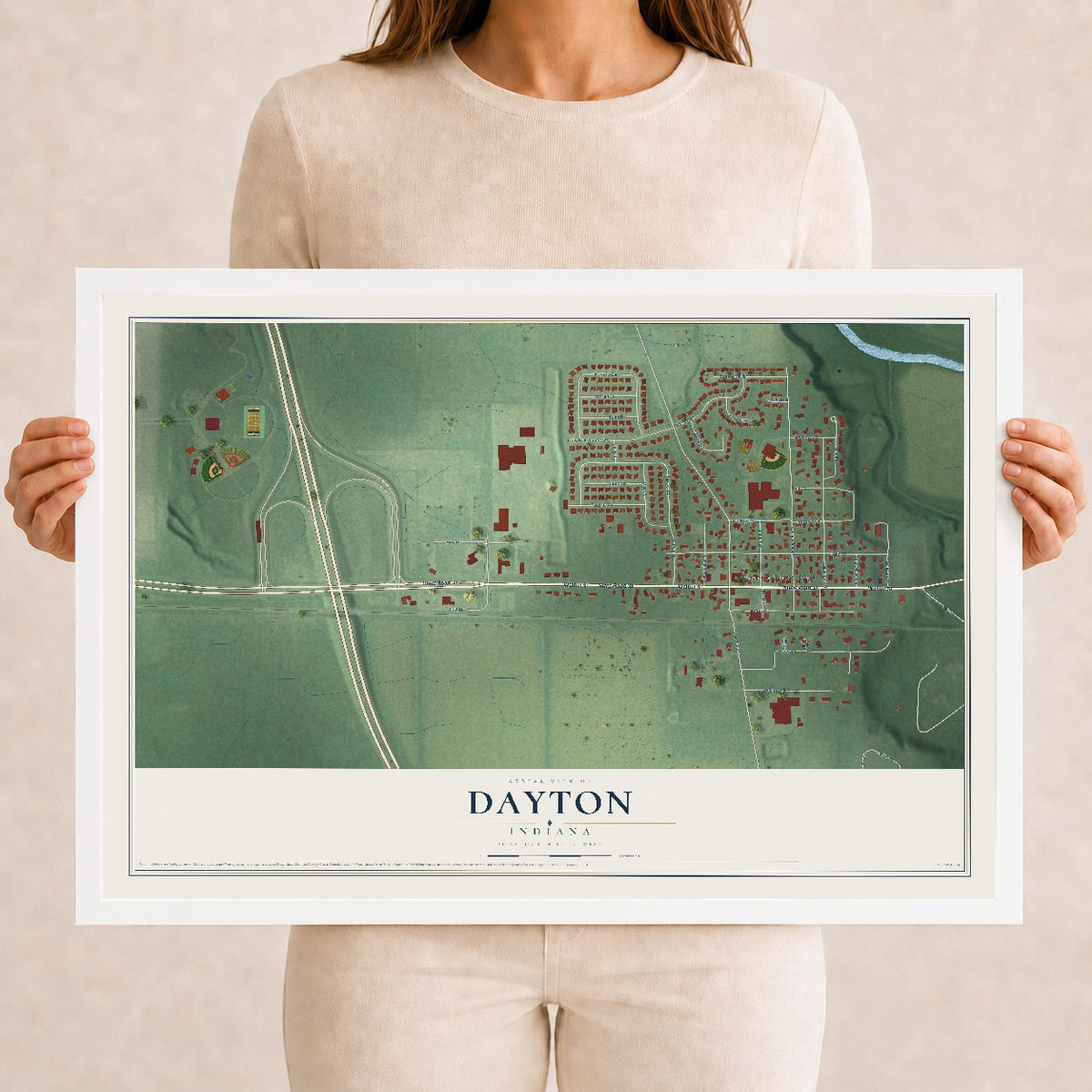 Map of Dayton, Indiana, 12 x 18 inch print in a white wood frame
