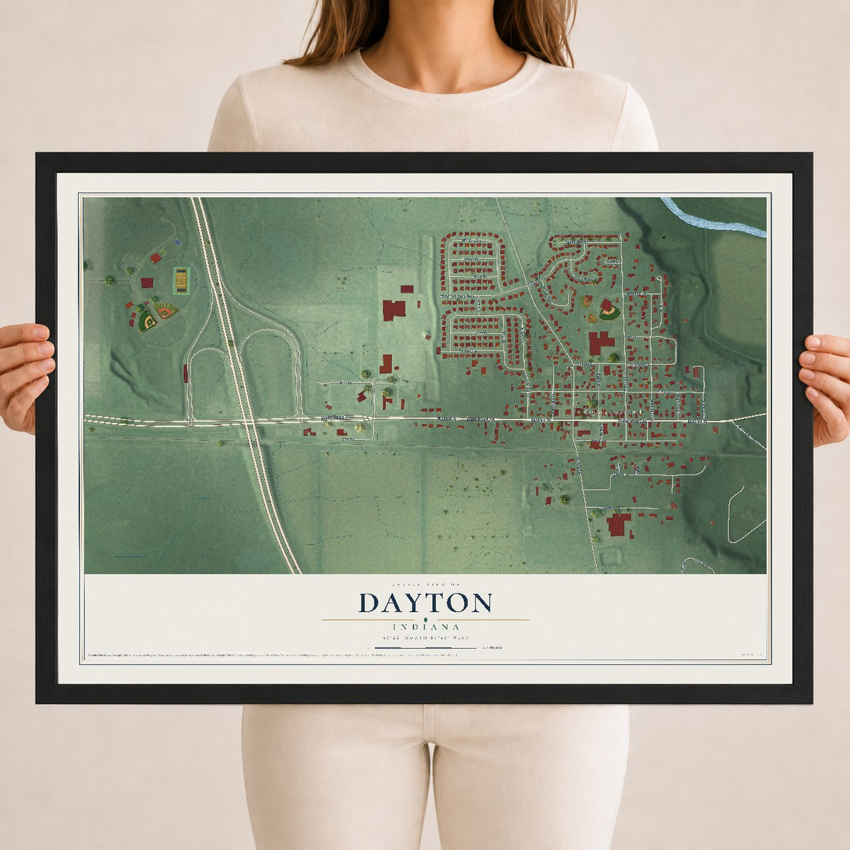 Map of Dayton, Indiana, 18 x 24 inch print in a black wood frame