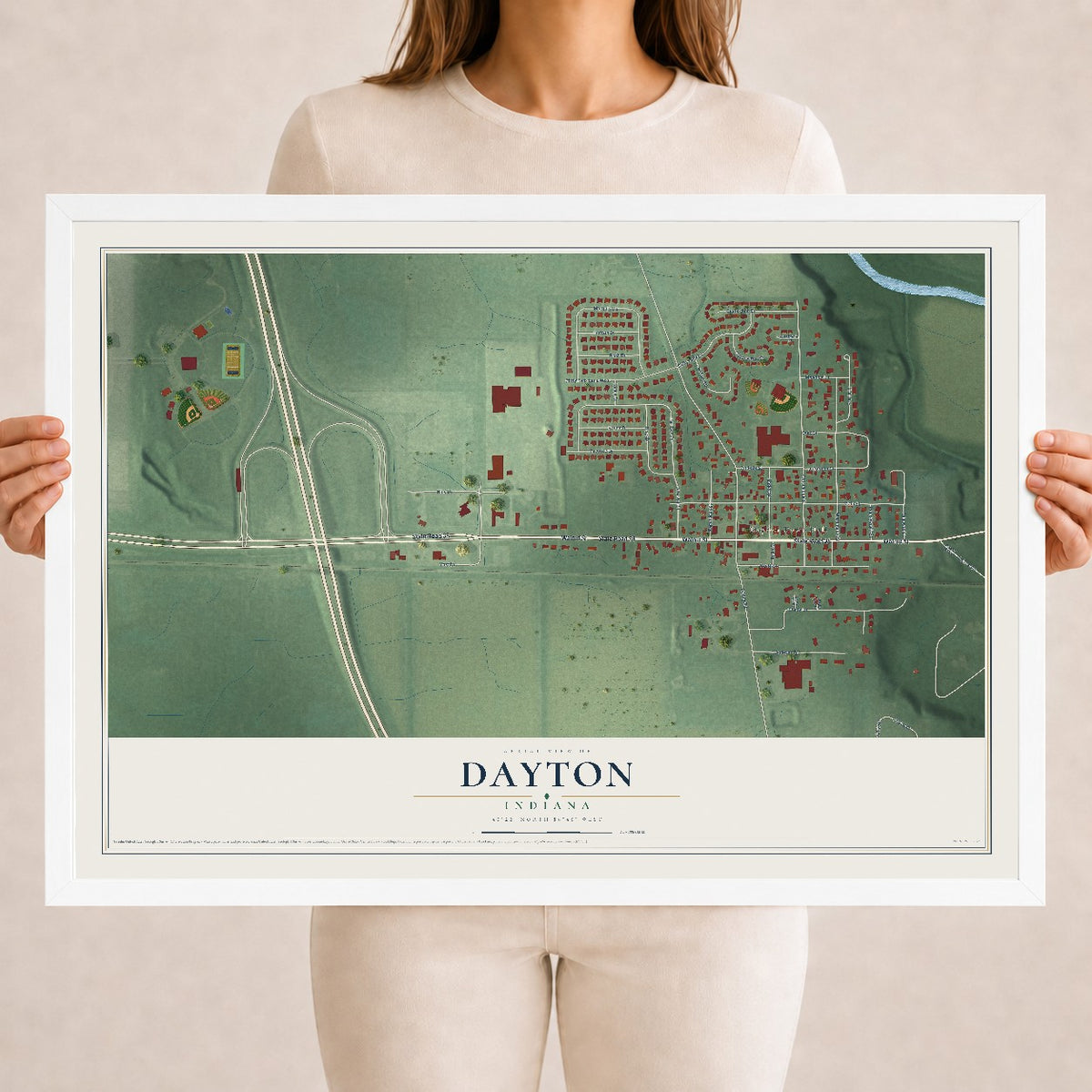 Map of Dayton, Indiana, 18 x 24 inch print in a white wood frame