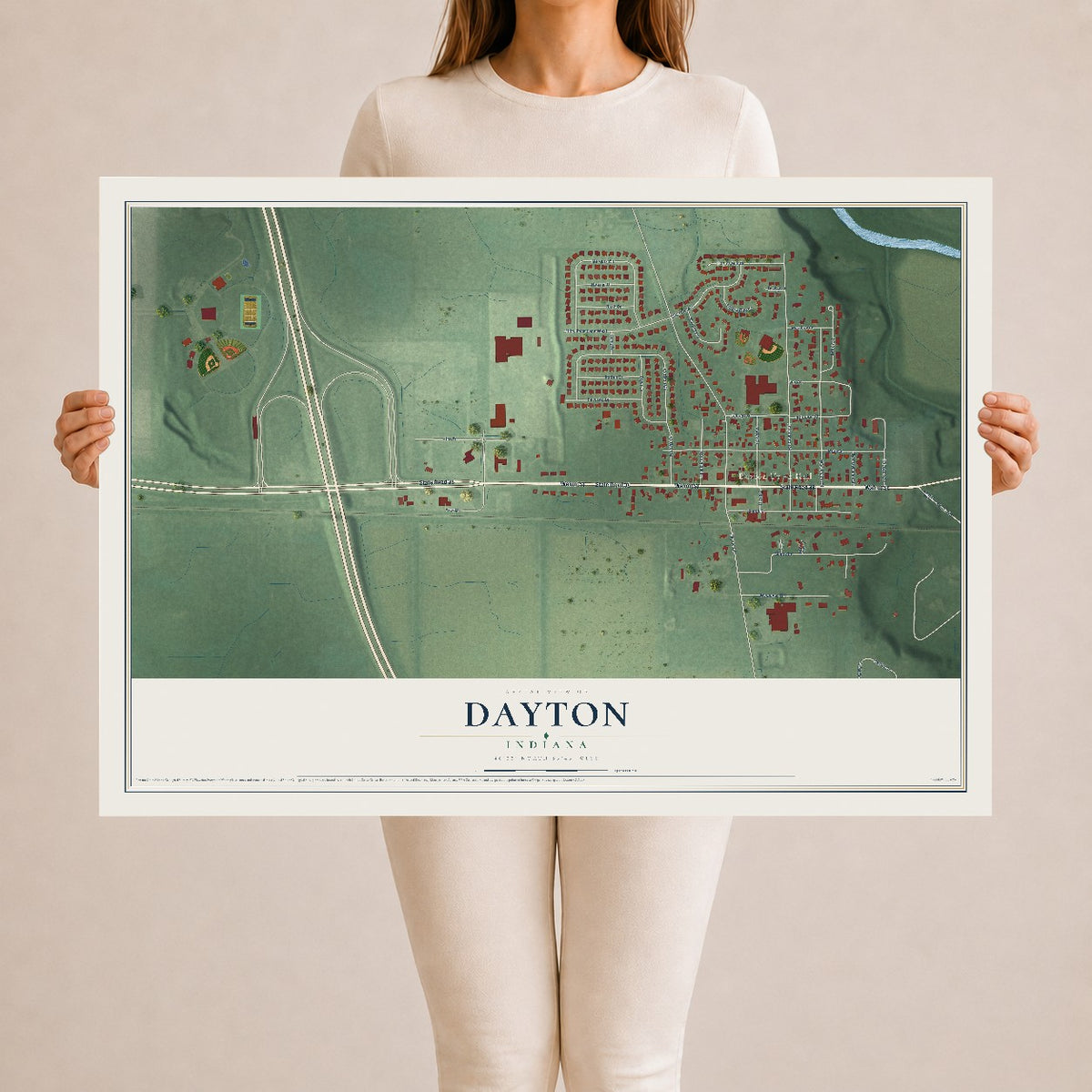 Map of Dayton, Indiana, 24 x 36 inch unframed archival matte print