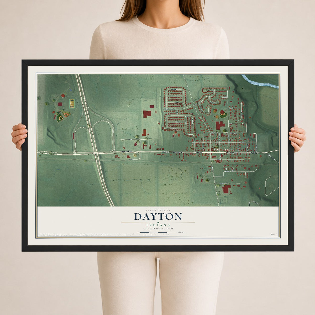 Map of Dayton, Indiana, 24 x 36 inch print in a black wood frame