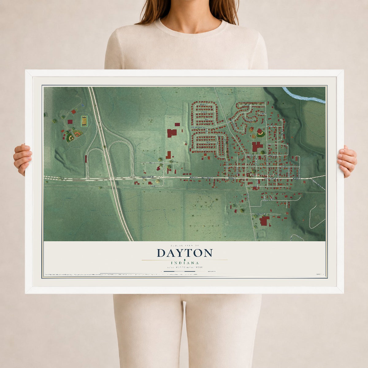 Map of Dayton, Indiana, 24 x 36 inch print in a white wood frame