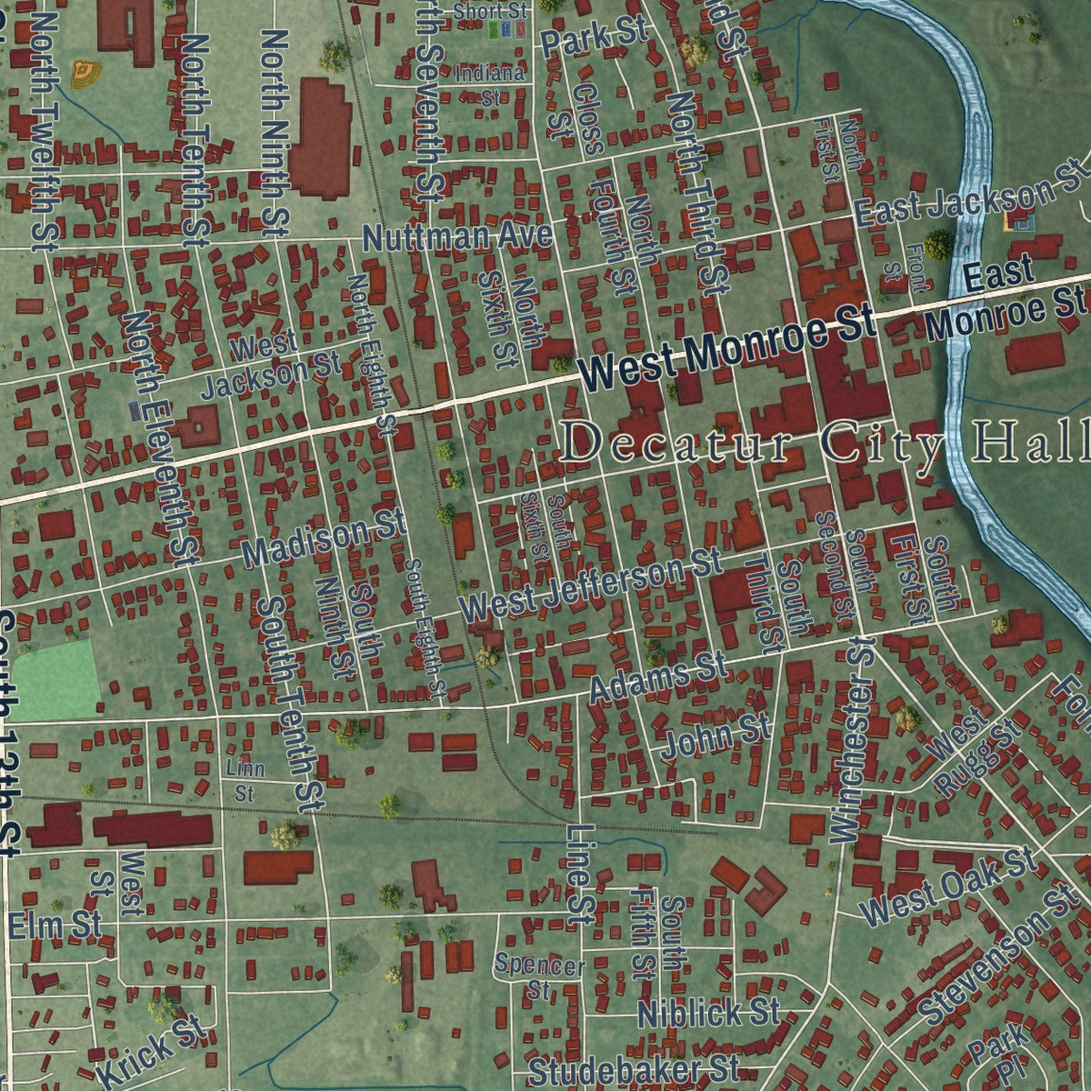 Close-up of the map of Decatur, Indiana print showing street and building detail