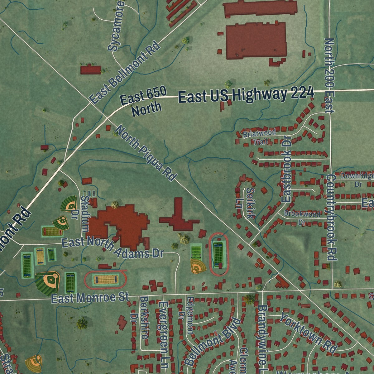 Second close-up of the map of Decatur, Indiana print showing more streets and buildings