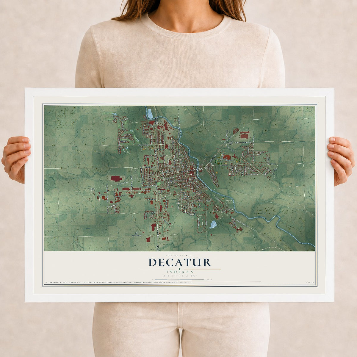 Map of Decatur, Indiana, 12 x 18 inch print in a white wood frame