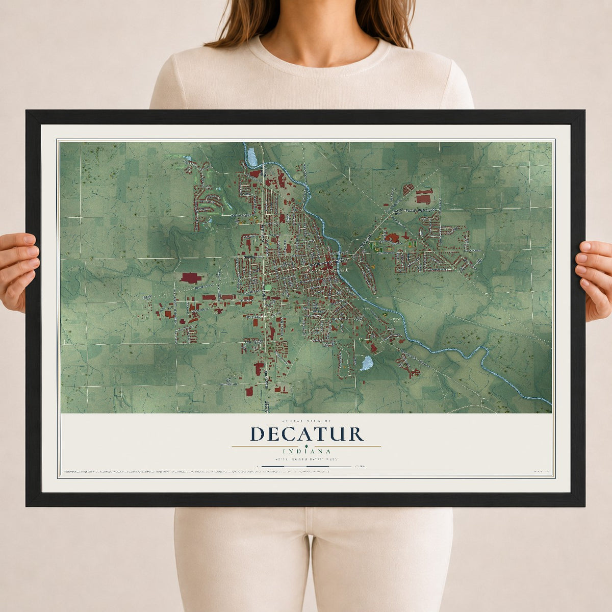 Map of Decatur, Indiana, 18 x 24 inch print in a black wood frame