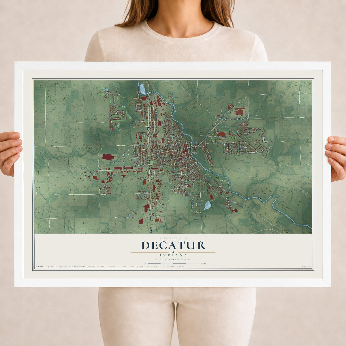 Map of Decatur, Indiana, 18 x 24 inch print in a white wood frame
