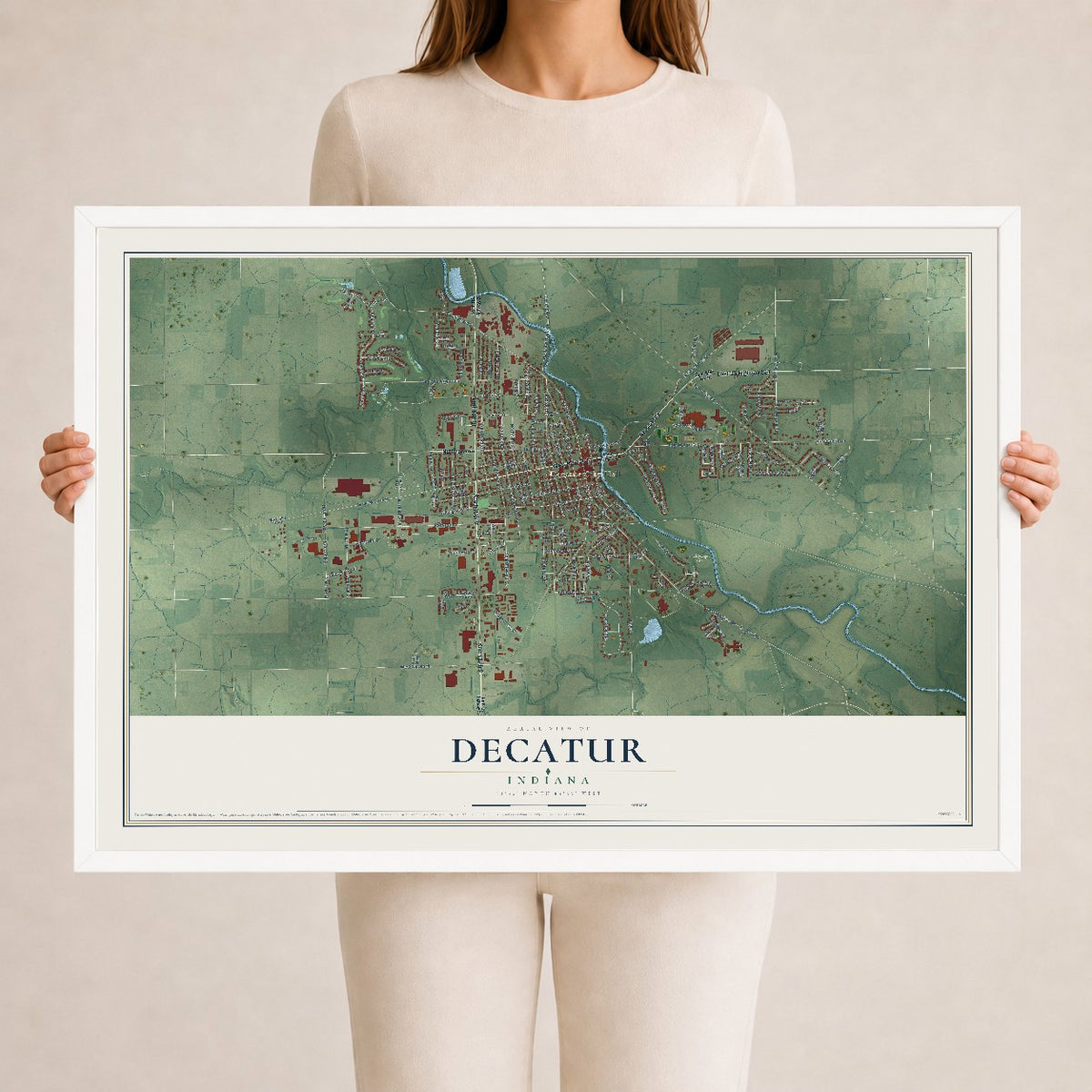 Map of Decatur, Indiana, 24 x 36 inch print in a white wood frame