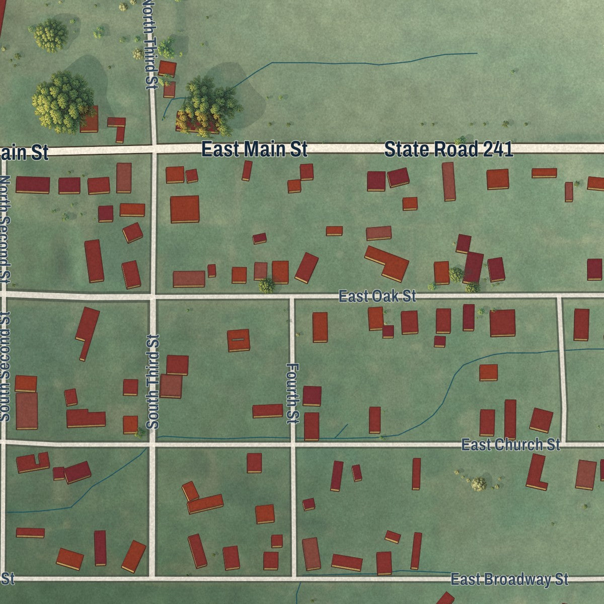 Close-up of the map of Decker, Indiana print showing street and building detail