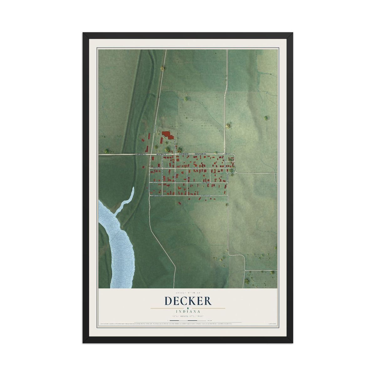 Map of Decker, Indiana, 12 x 18 inch print in a black wood frame