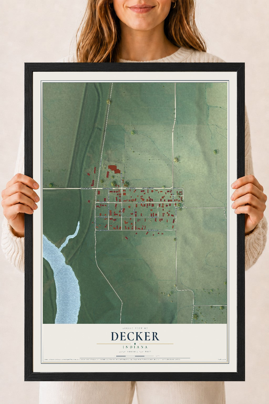 Map of Decker, Indiana, 18 x 24 inch print in a black wood frame