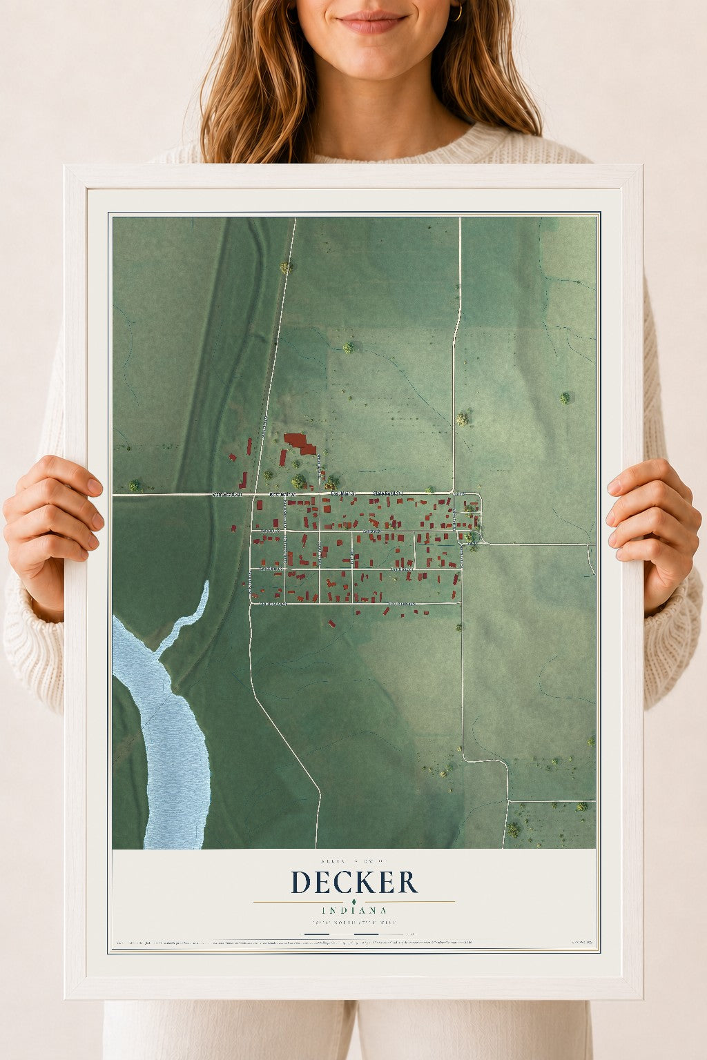 Map of Decker, Indiana, 18 x 24 inch print in a white wood frame