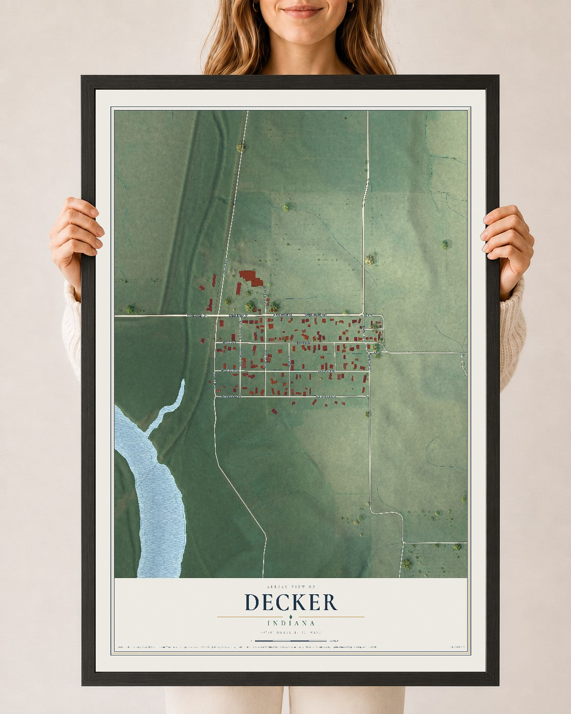 Map of Decker, Indiana, 24 x 36 inch print in a black wood frame