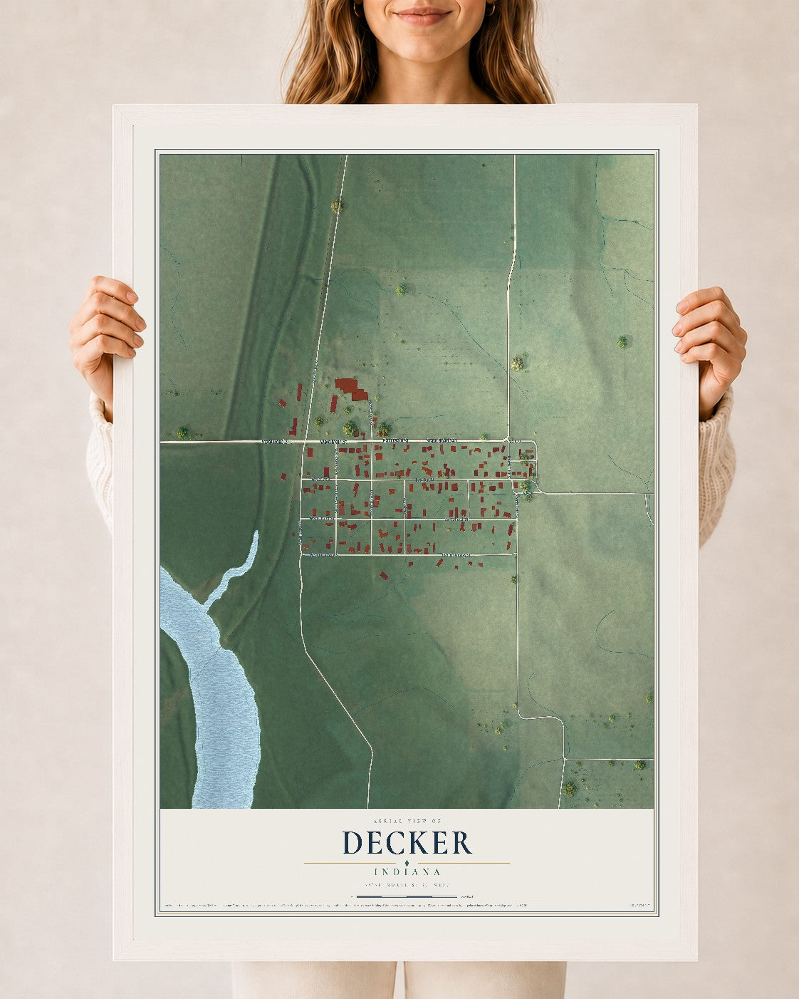Map of Decker, Indiana, 24 x 36 inch print in a white wood frame
