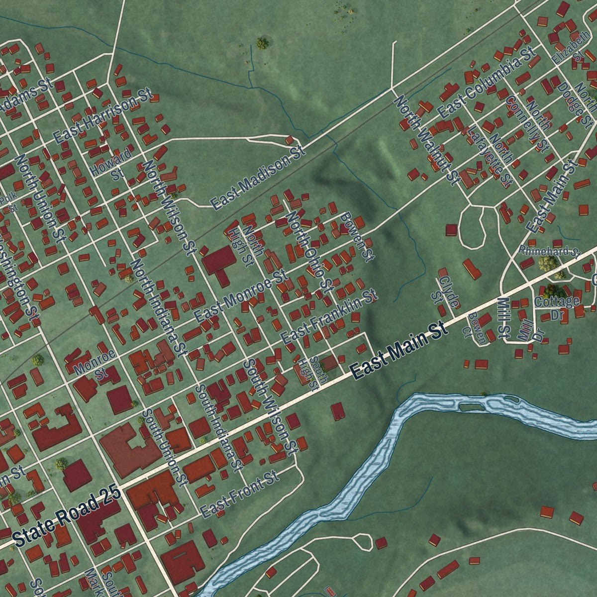 Close-up of the map of Delphi, Indiana print showing street and building detail