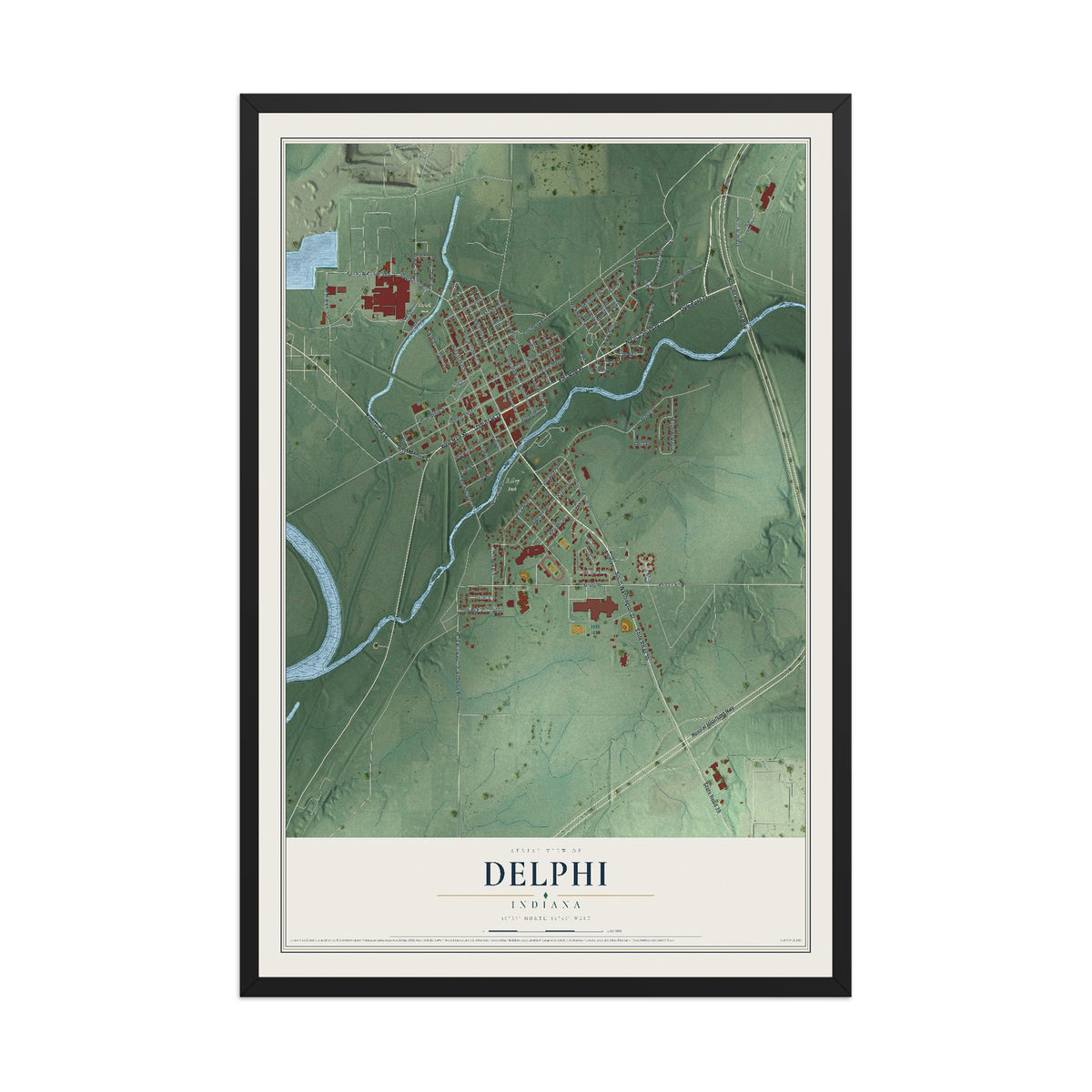 Map of Delphi, Indiana, 12 x 18 inch print in a black wood frame