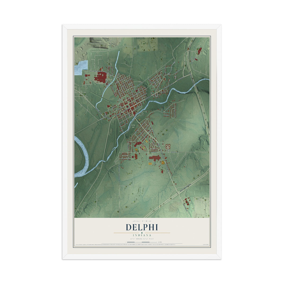 Map of Delphi, Indiana, 12 x 18 inch print in a white wood frame