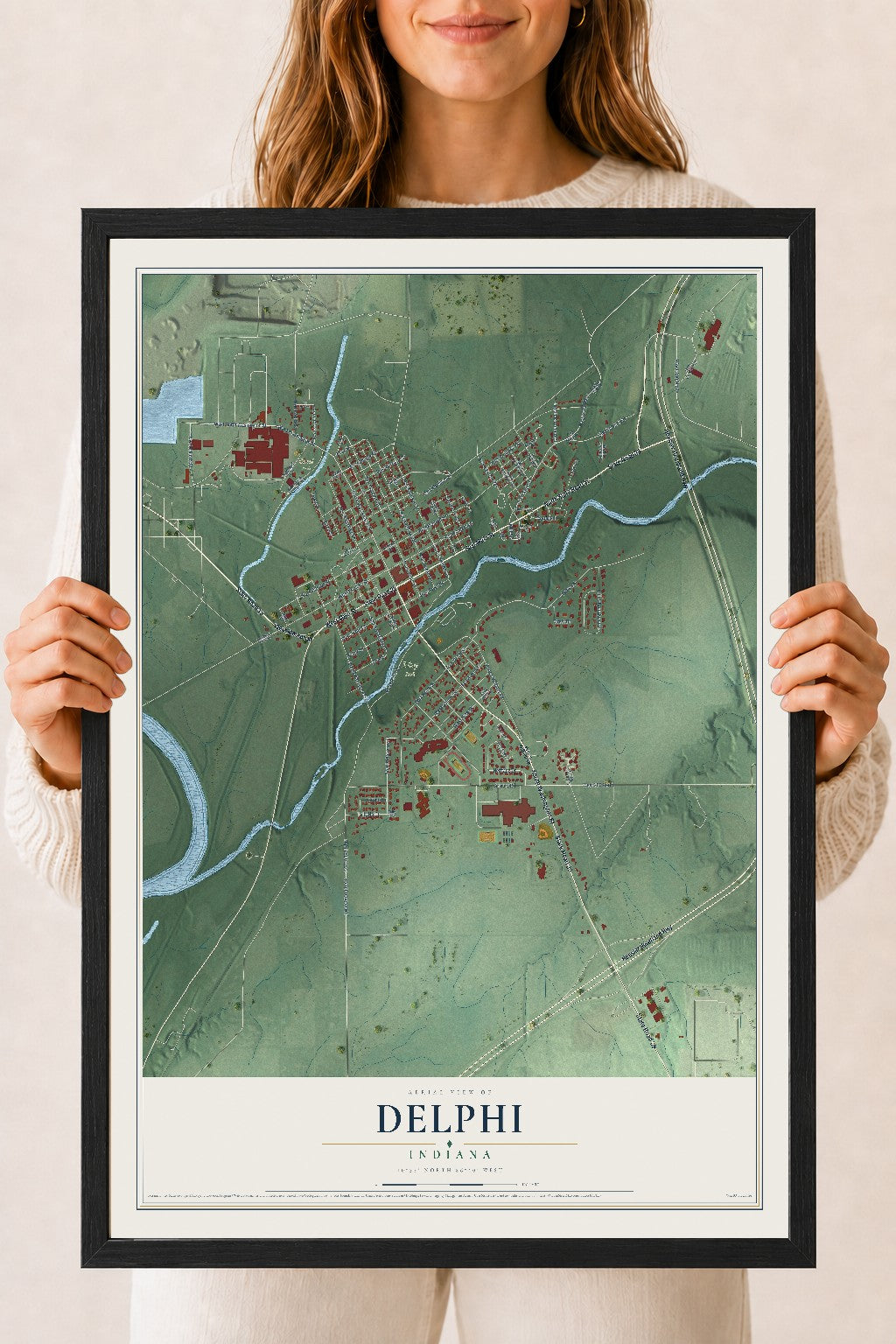 Map of Delphi, Indiana, 18 x 24 inch print in a black wood frame
