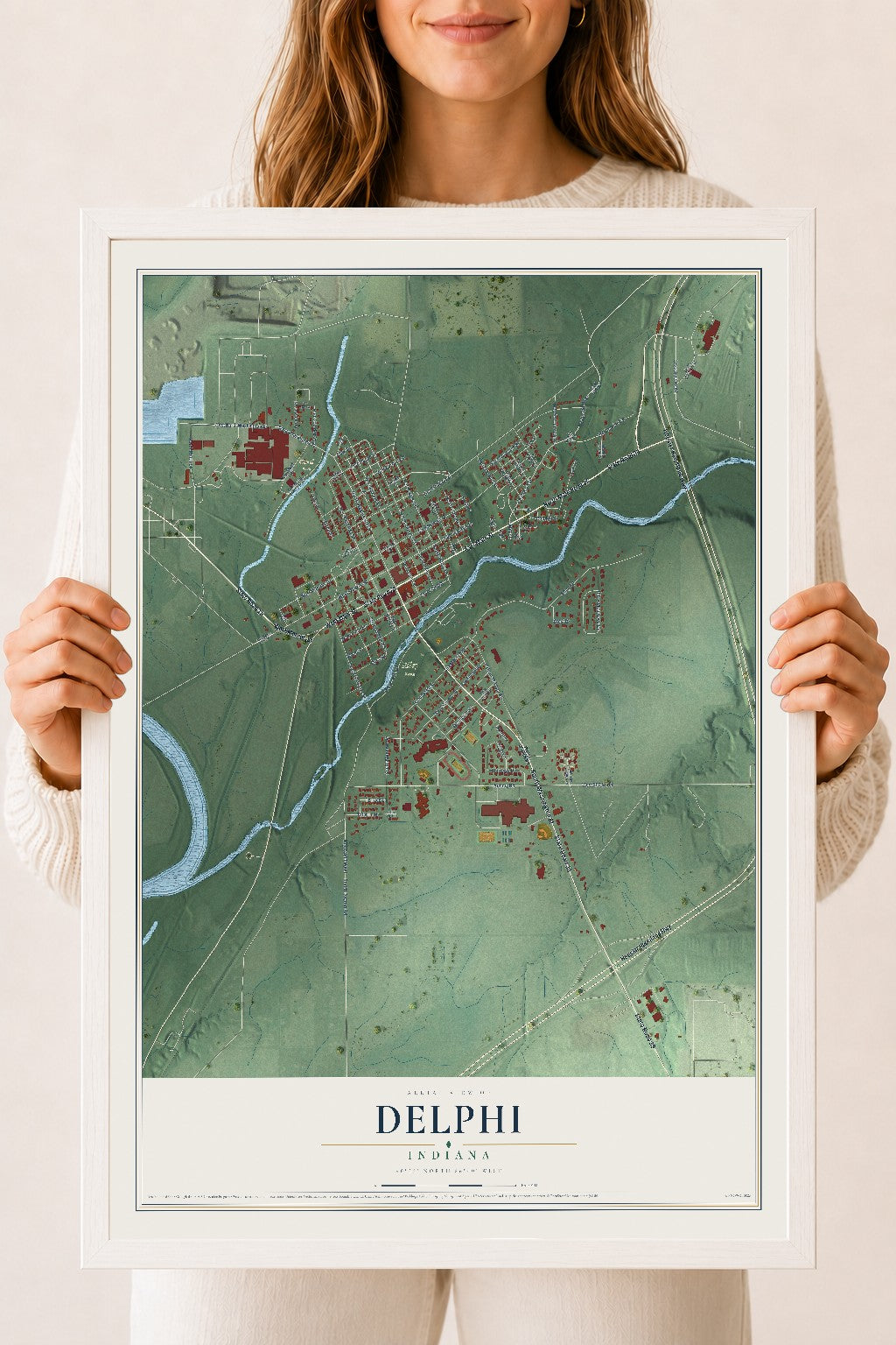 Map of Delphi, Indiana, 18 x 24 inch print in a white wood frame
