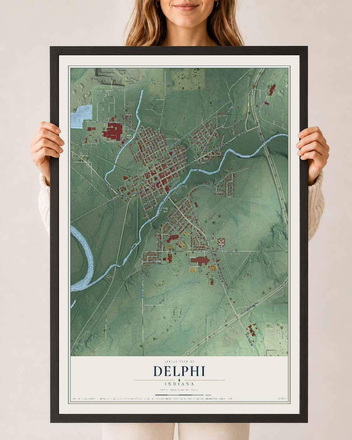Map of Delphi, Indiana, 24 x 36 inch print in a black wood frame