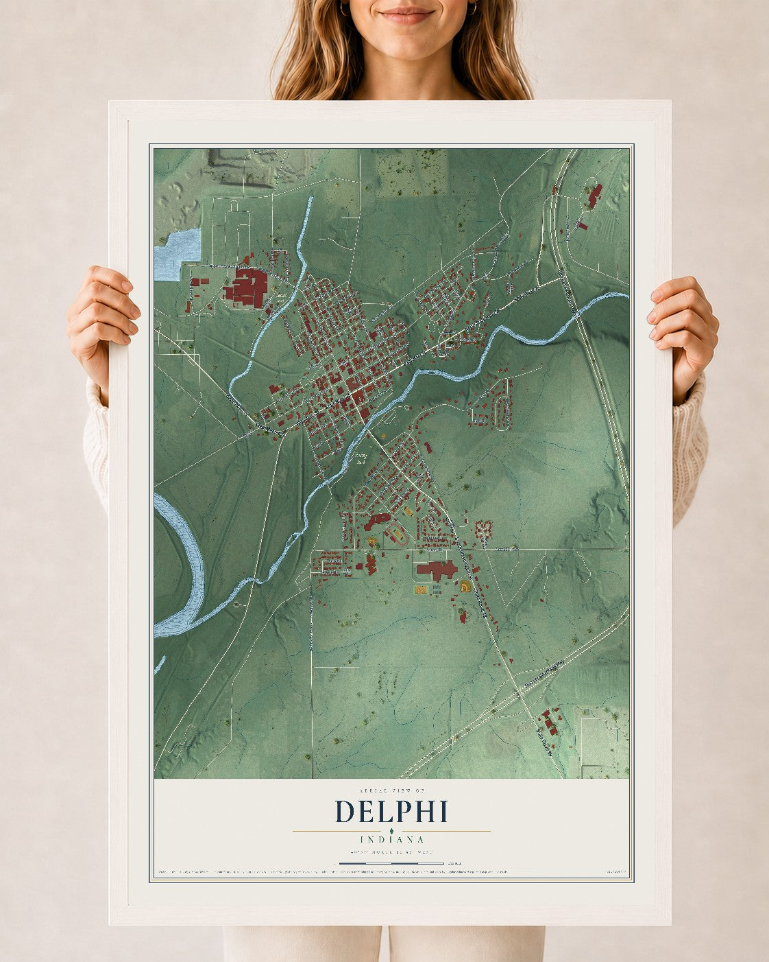 Map of Delphi, Indiana, 24 x 36 inch print in a white wood frame