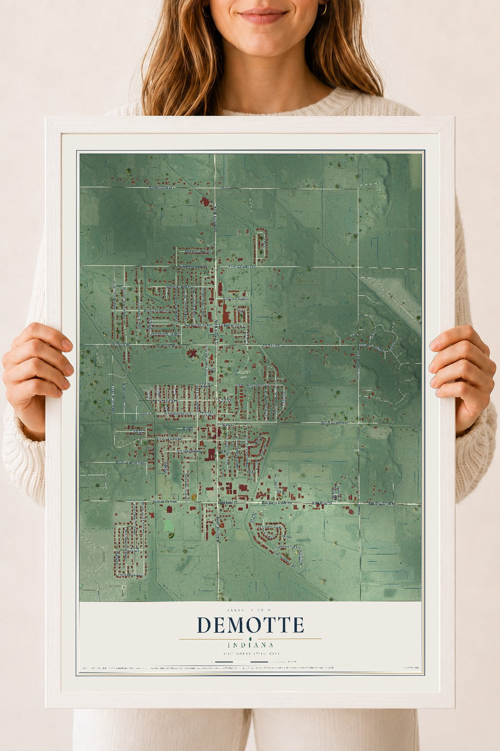 Map of DeMotte, Indiana, 18 x 24 inch print in a white wood frame