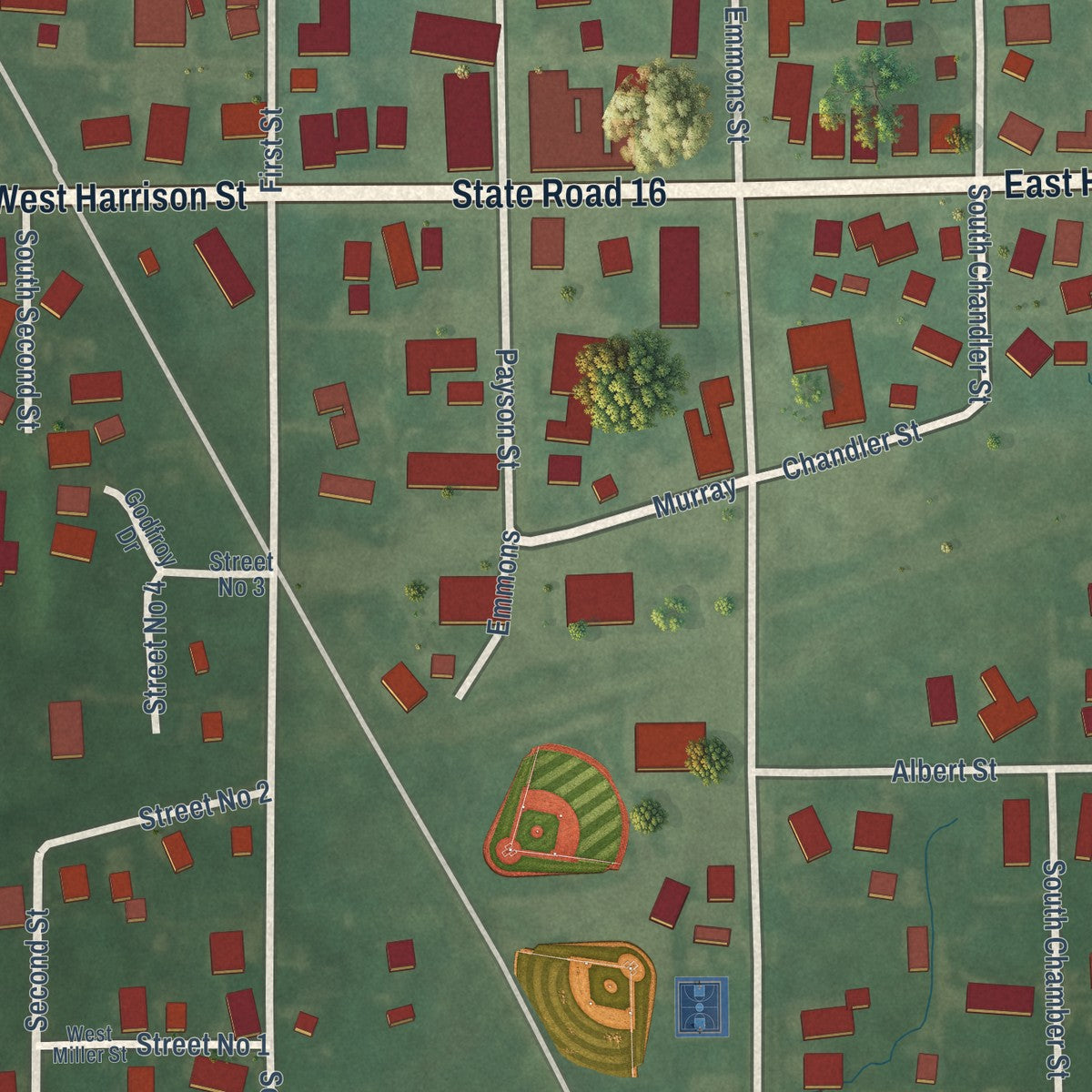 Close-up of the map of Denver, Indiana print showing street and building detail