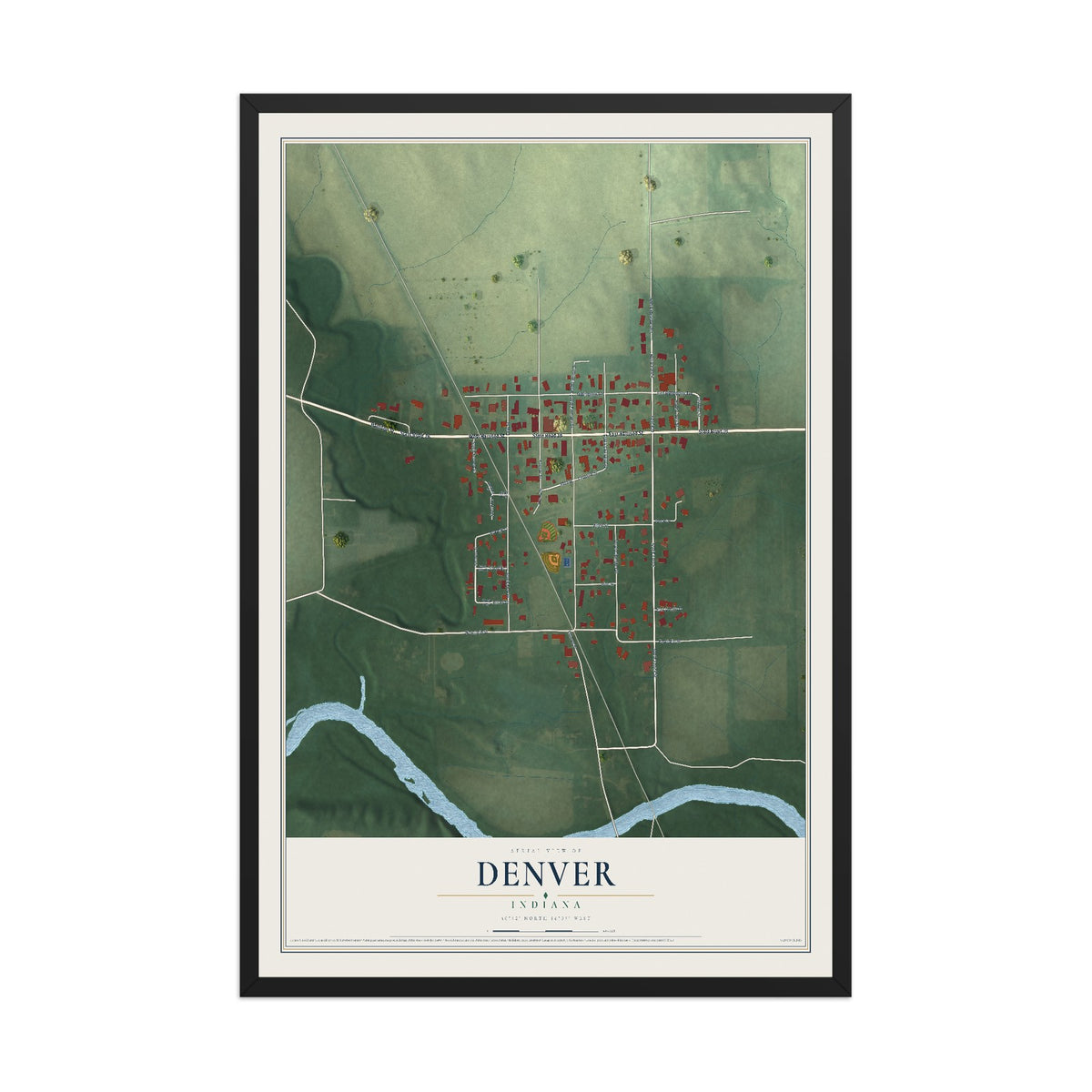 Map of Denver, Indiana, 12 x 18 inch print in a black wood frame