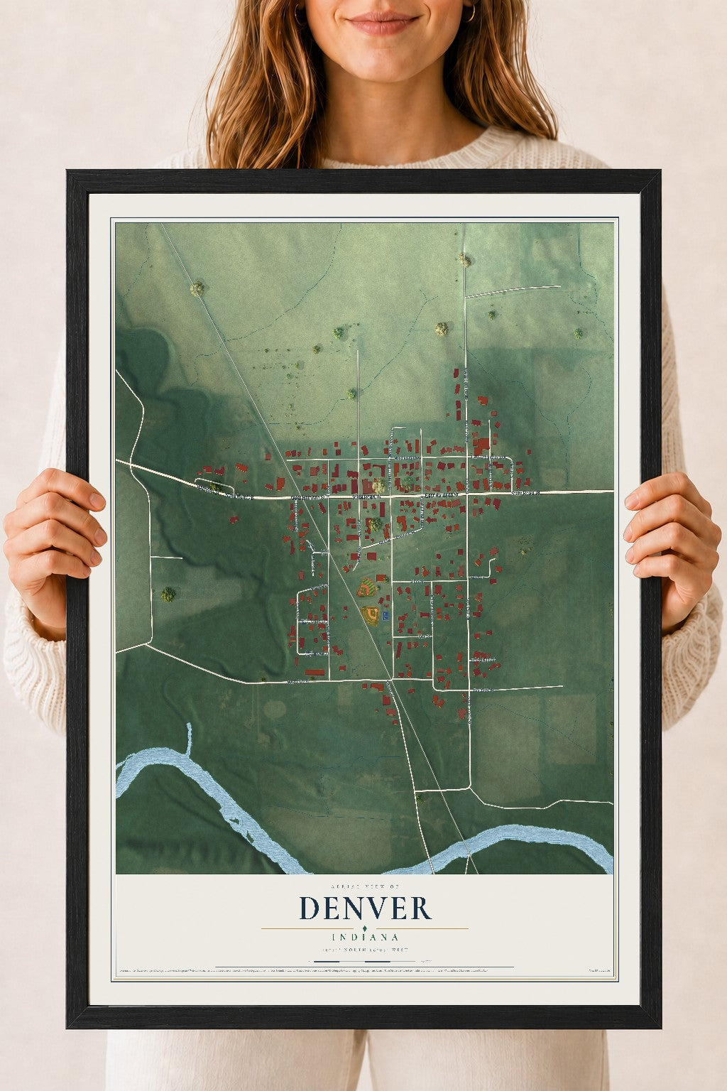 Map of Denver, Indiana, 18 x 24 inch print in a black wood frame