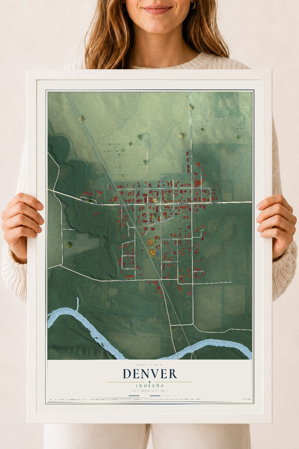 Map of Denver, Indiana, 18 x 24 inch print in a white wood frame
