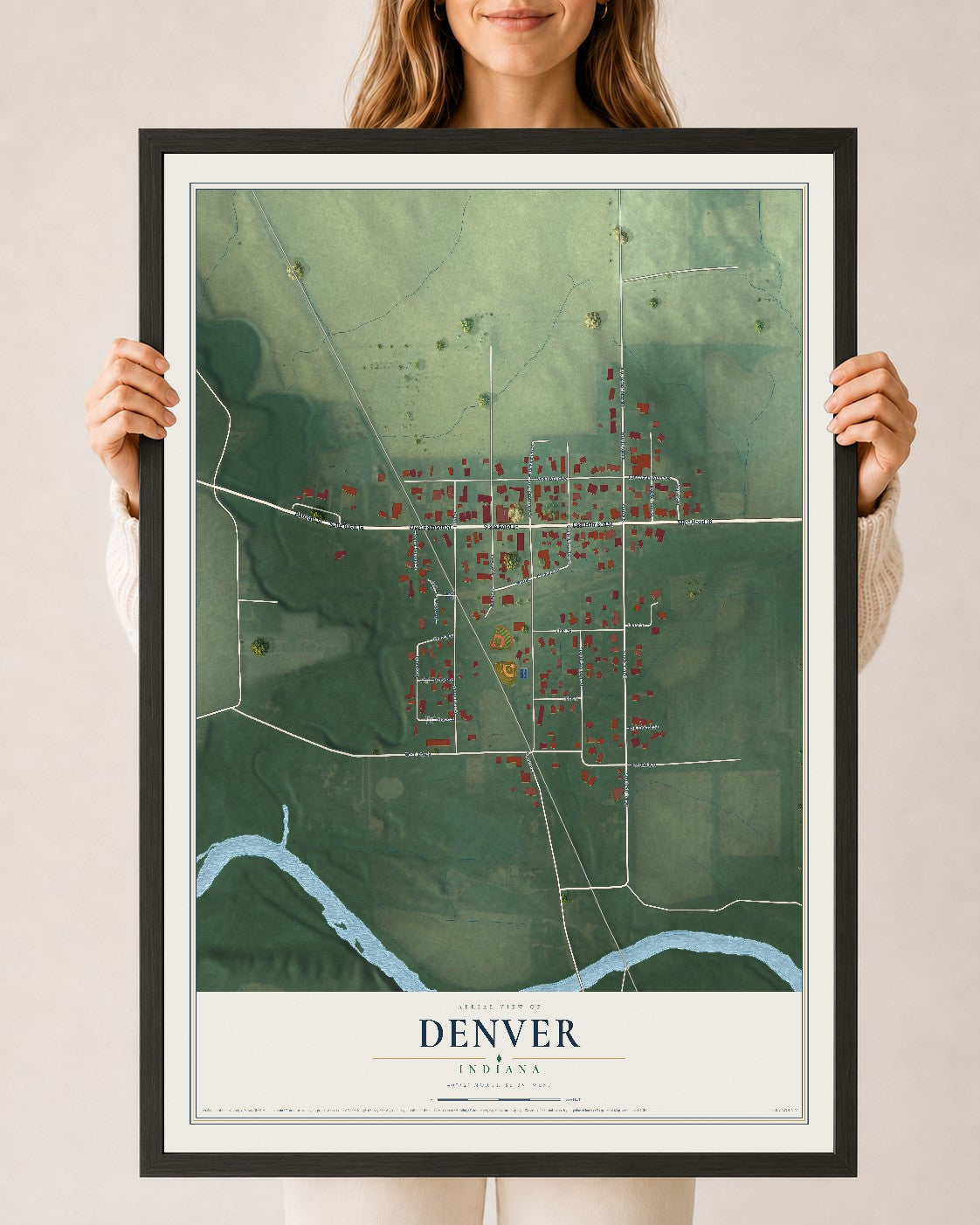 Map of Denver, Indiana, 24 x 36 inch print in a black wood frame