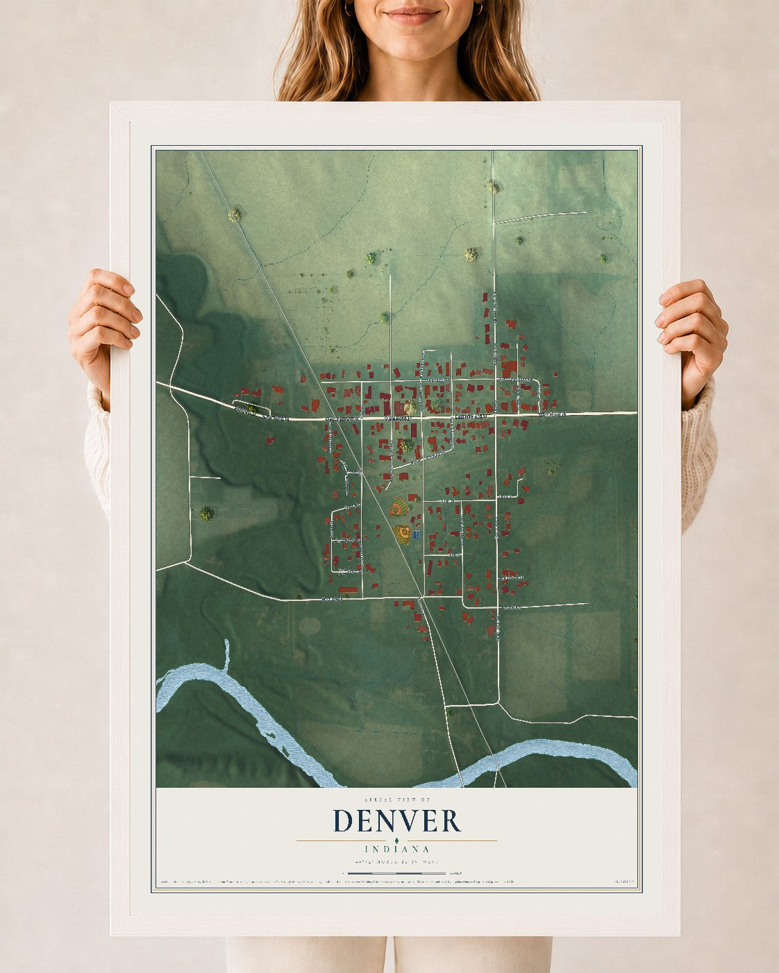 Map of Denver, Indiana, 24 x 36 inch print in a white wood frame