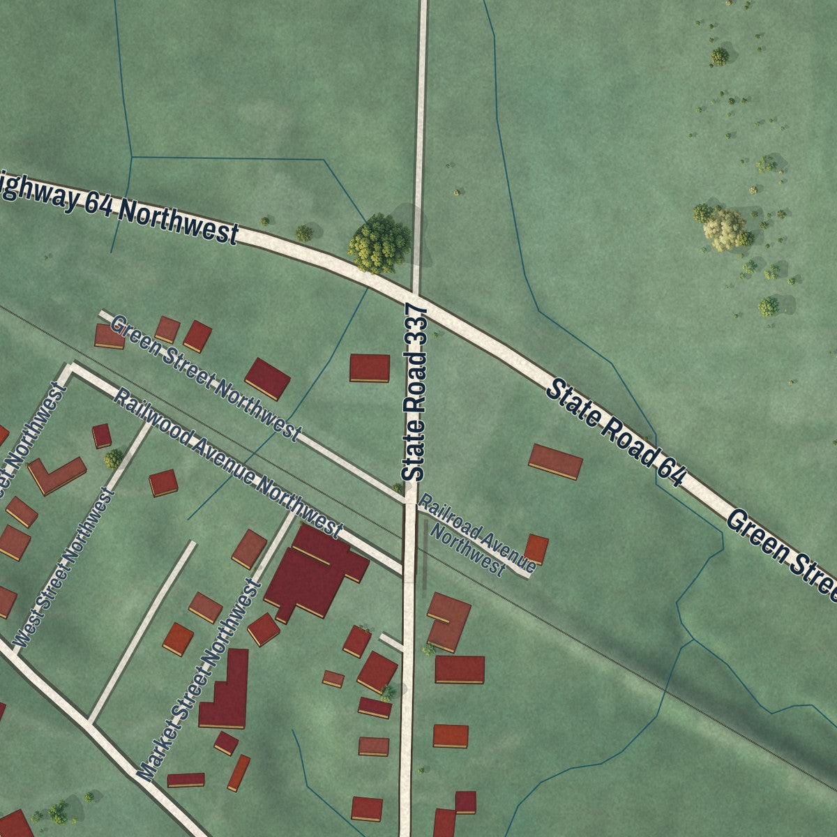 Close-up of the map of Depauw, Indiana print showing street and building detail