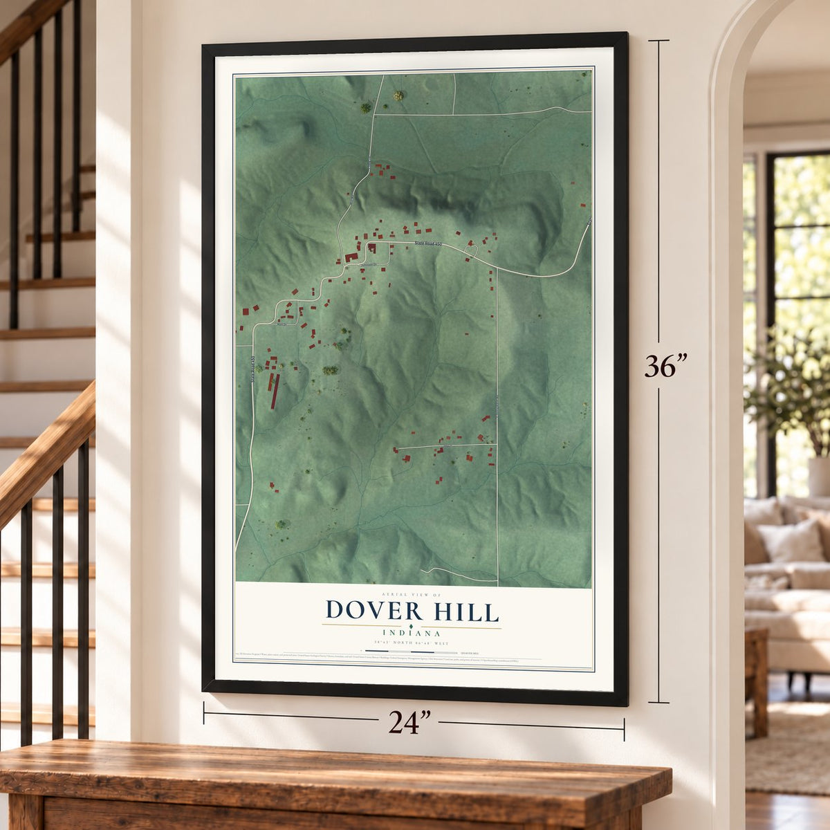 Dover Hill, Indiana map, 24 x 36 inch print in a black frame by a staircase