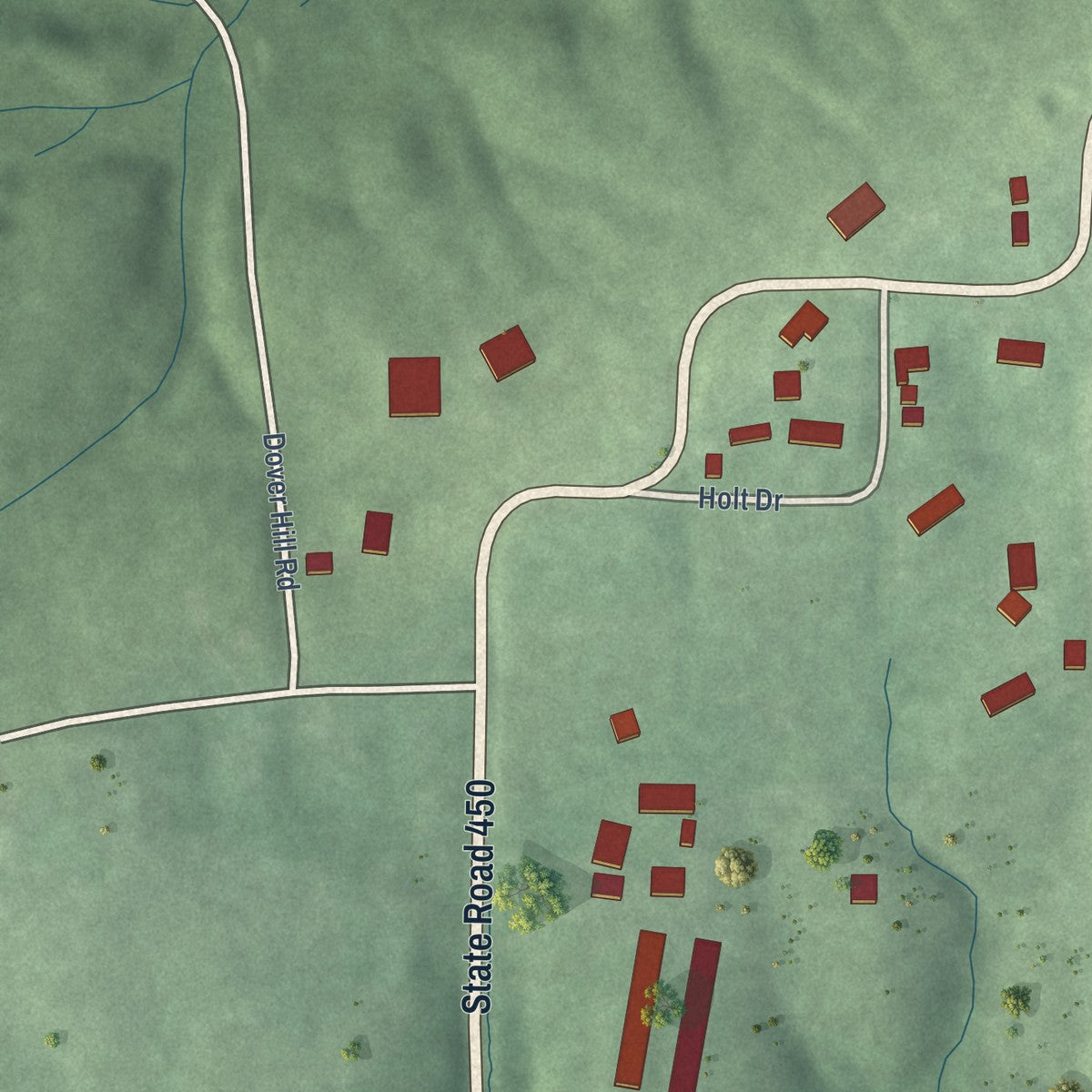 Close-up of the map of Dover Hill, Indiana print showing street and building detail