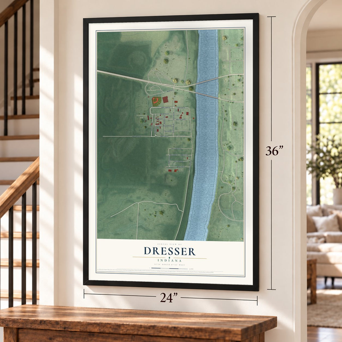 Dresser, Indiana map, 24 x 36 inch print in a black frame by a staircase