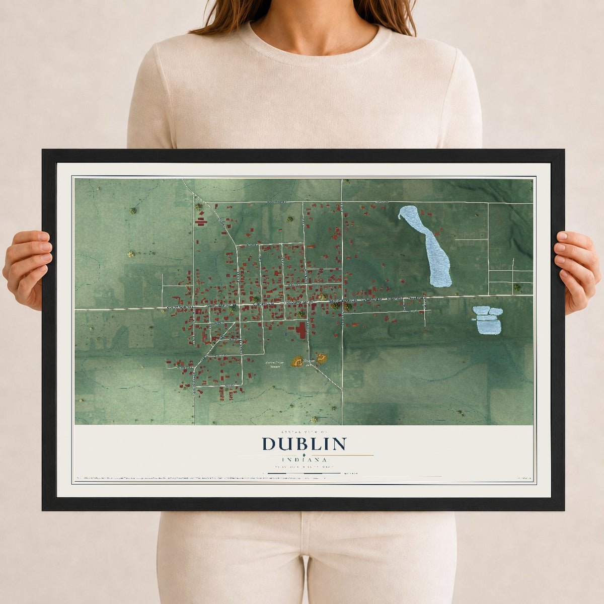 Map of Dublin, Indiana, 12 x 18 inch print in a black wood frame
