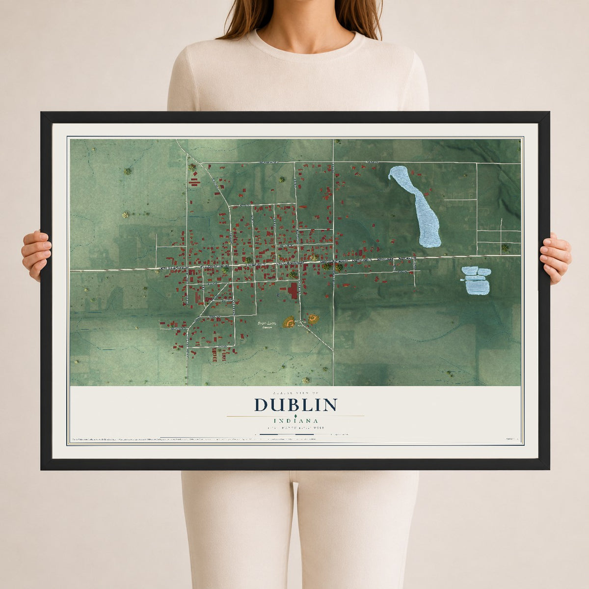 Map of Dublin, Indiana, 24 x 36 inch print in a black wood frame
