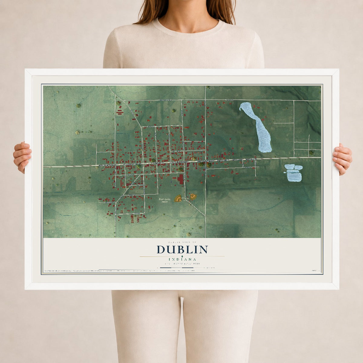 Map of Dublin, Indiana, 24 x 36 inch print in a white wood frame