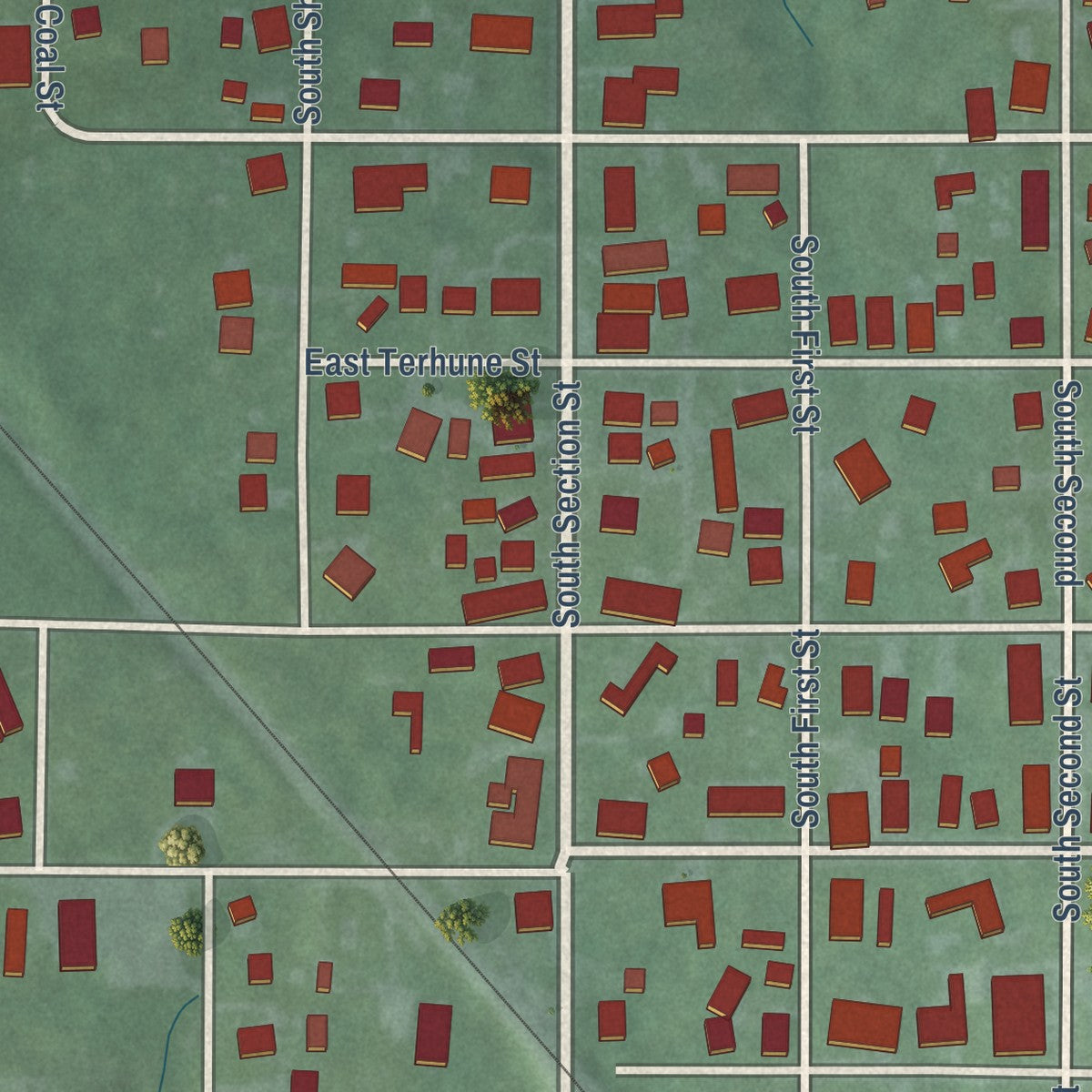 Close-up of the map of Dugger, Indiana print showing street and building detail